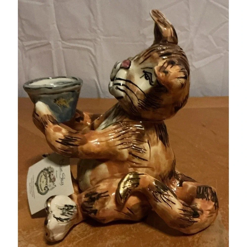 Heather Goldminc Blue Sky 2000 Clayworks Cat Figure Tealight Candle Holder W/Tag